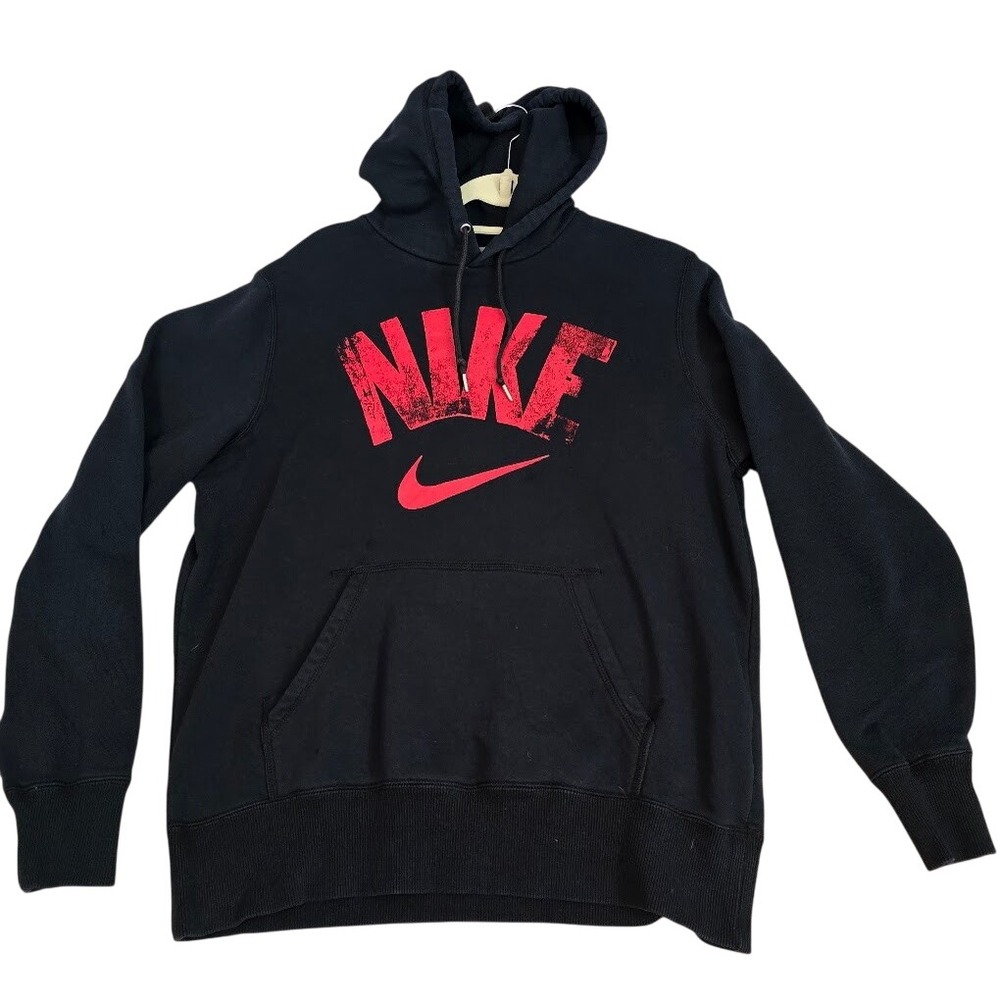 Nike Mens Hoodie Black Red Distressed Graphic Logo Pullover Sweatshirt Large